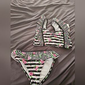 Nwt XL Girls Betsey Johnson Swim suit Black Striped with pink roses